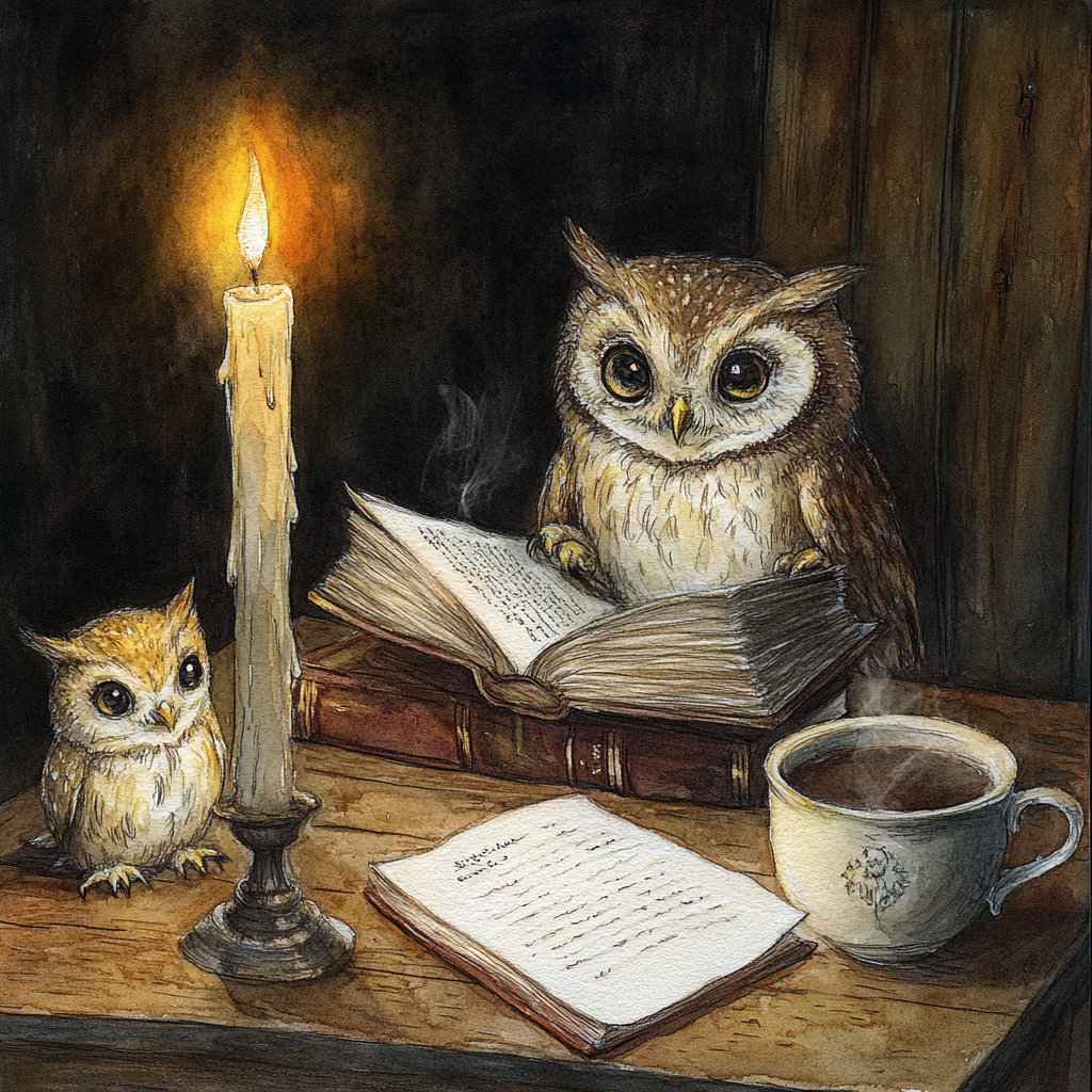 Owl reading a book by the light of a candle with a stack of old antique books next to him on a table. A quil pen is in an ink pot on the table. a cup of coffee is next to him on the table as well as an owlet looking up at him. Watercolor with pencil outlines. Focus on the owls.