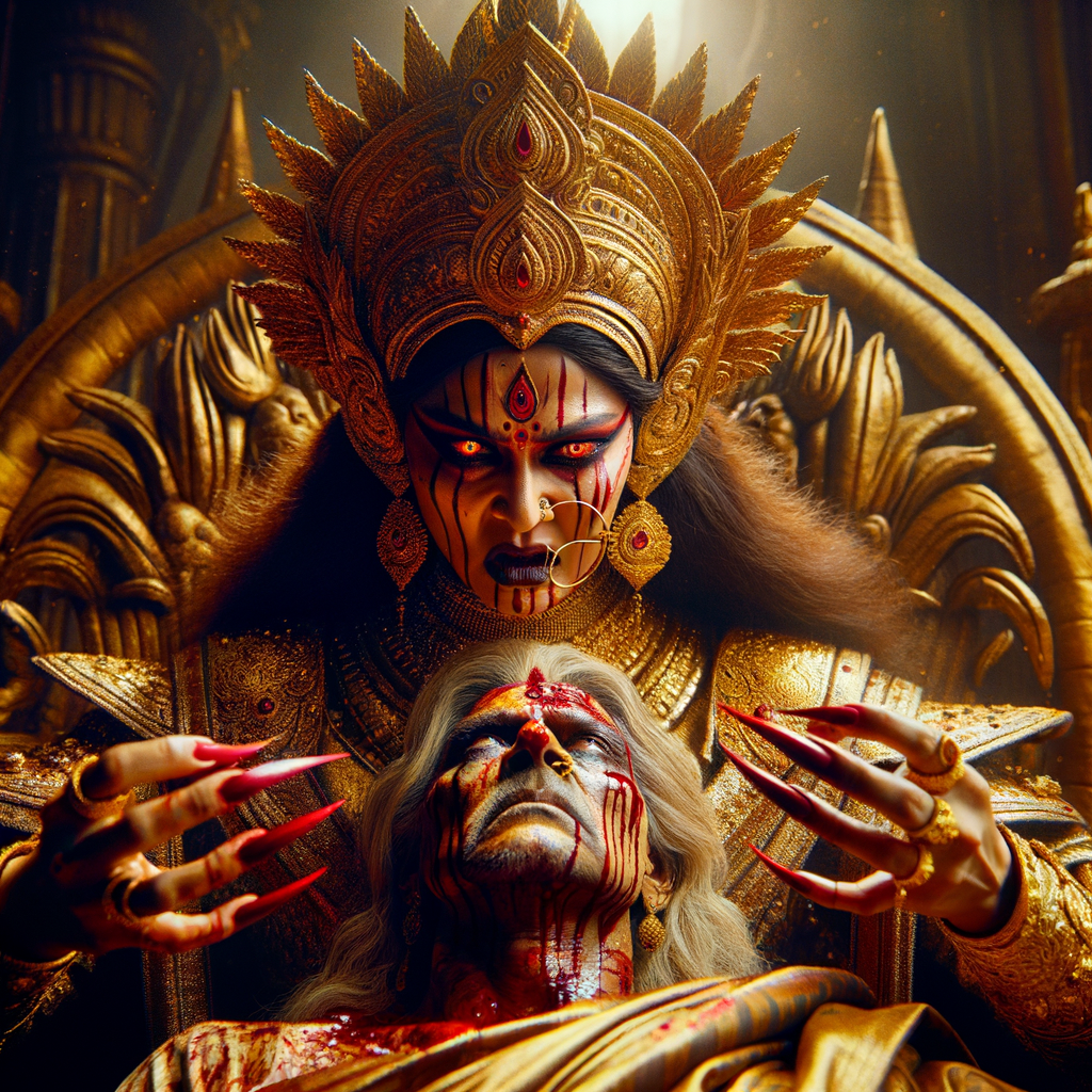 portrait of extremely angry looking goddess durga cosplayer sitting on a gold crown and carrying a weak mahishasur on her lap and poking him with her amazingly long red fingernails. She is wearing gold armor, a huge gold crown, gold saree, abundant  gold jewelry, covered in blood. The scene is set in ancient India. The image is 8K resolution, cinematic, photography, ultra detailed face and epic.