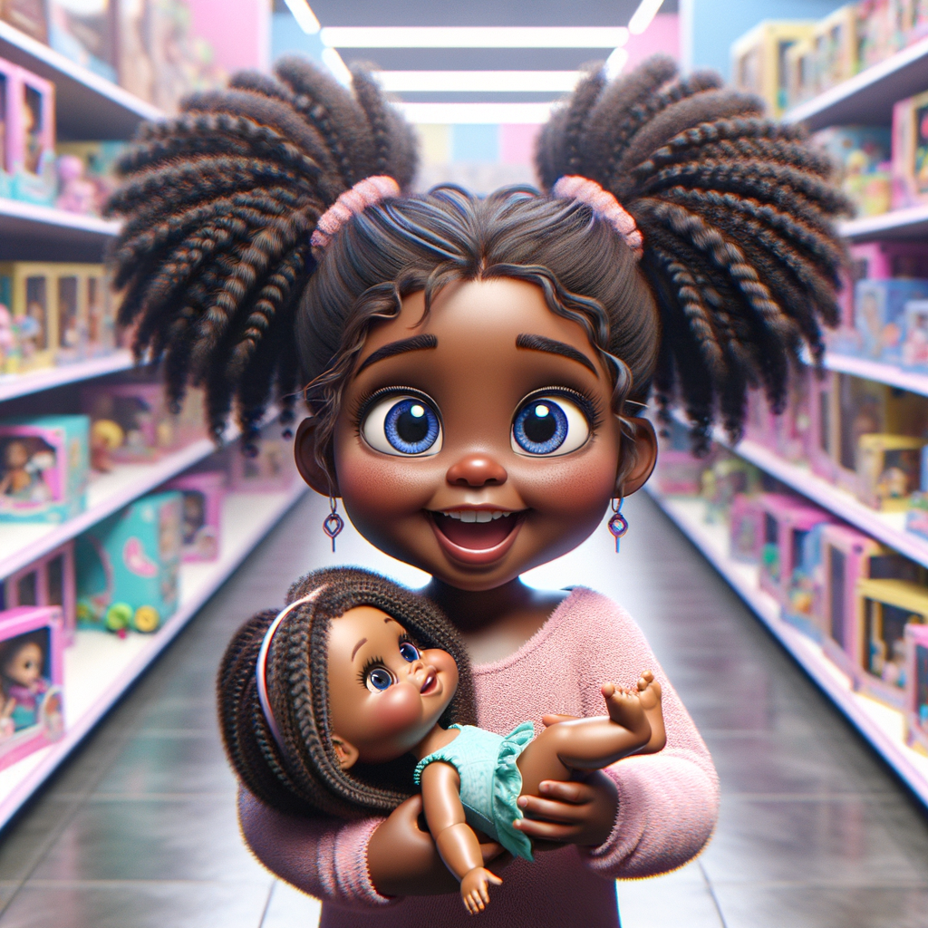 Create a 3-D image of an african-American, little girl inside of a very large toy store. The little girl has thick, ponytails and huge blue eyes. She is playing with her favorite doll, the doll is