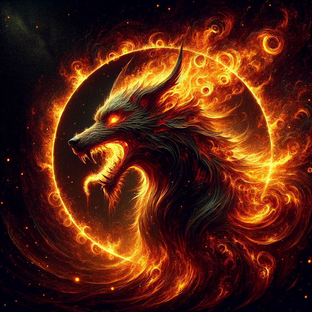 Generate a Hellhound with fire and brimstone, swirling about it and a fiery halo above its head