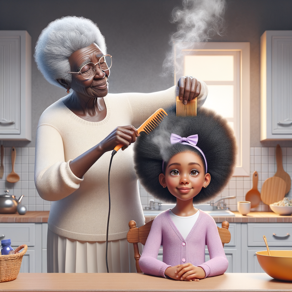 Create a realistic 3-D image of an african-American grandmother in the kitchen with her african-American granddaughter. The grandmother has a hot comb in her hair and she is straightening her granddaughters hair. One side of her granddaughters hair is in  a Afro the other is bone straight 
There is smoke coming from the hot comb