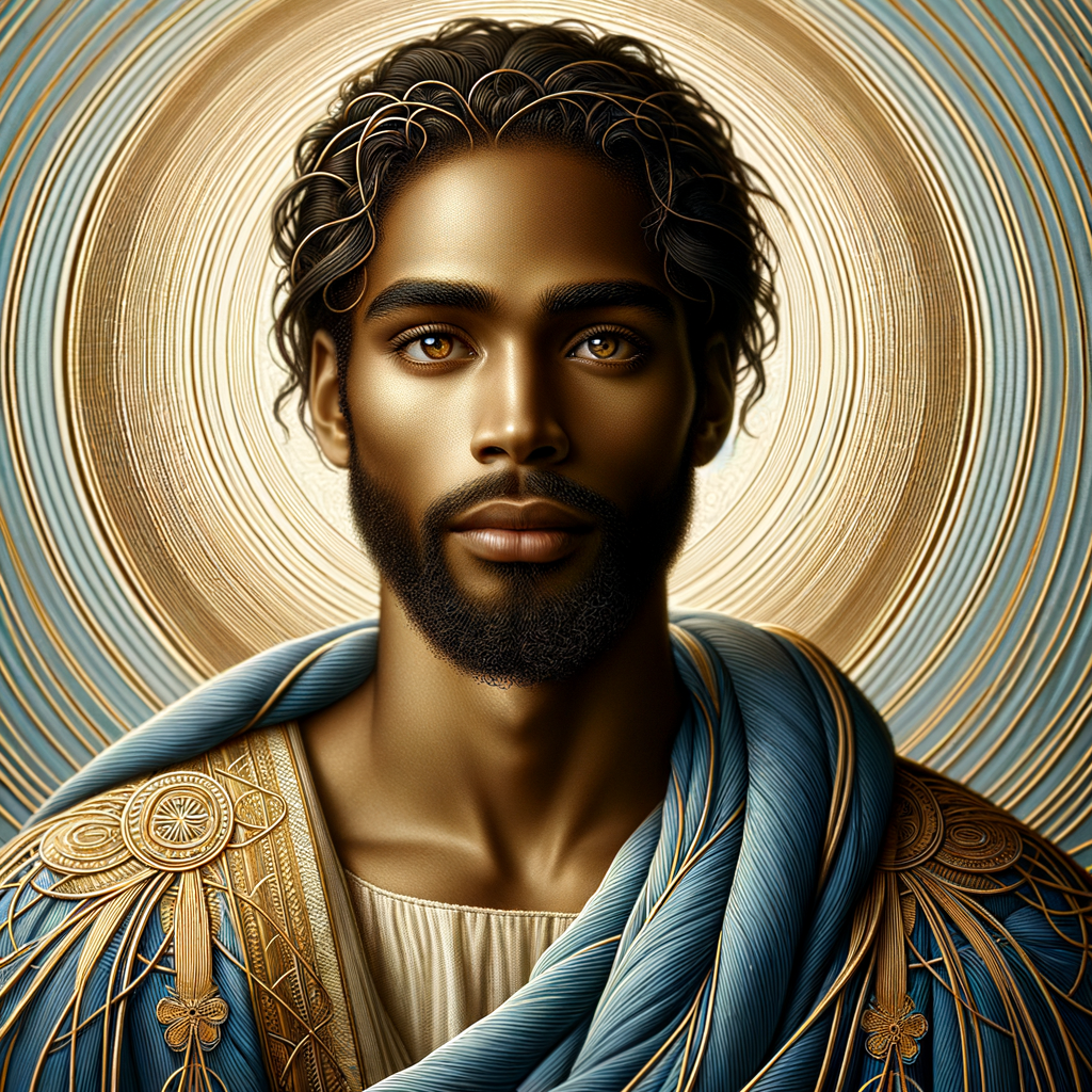 Create a beautiful African-American Jesus Christ with Hazel, brown eyes and blue and gold robe