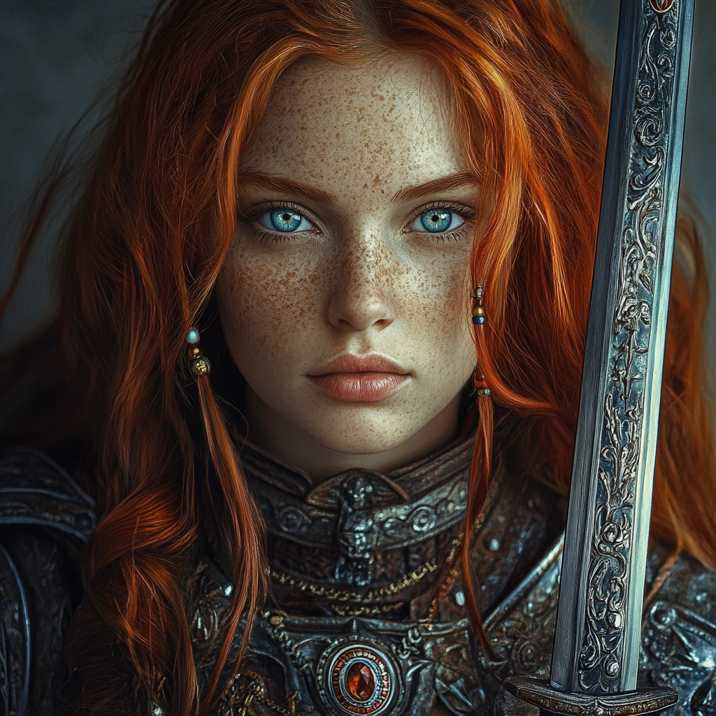 A below shoulder length red headed warrior with blue eyes and a round face carrying a jeweled sword.  Realistic photo of bust image