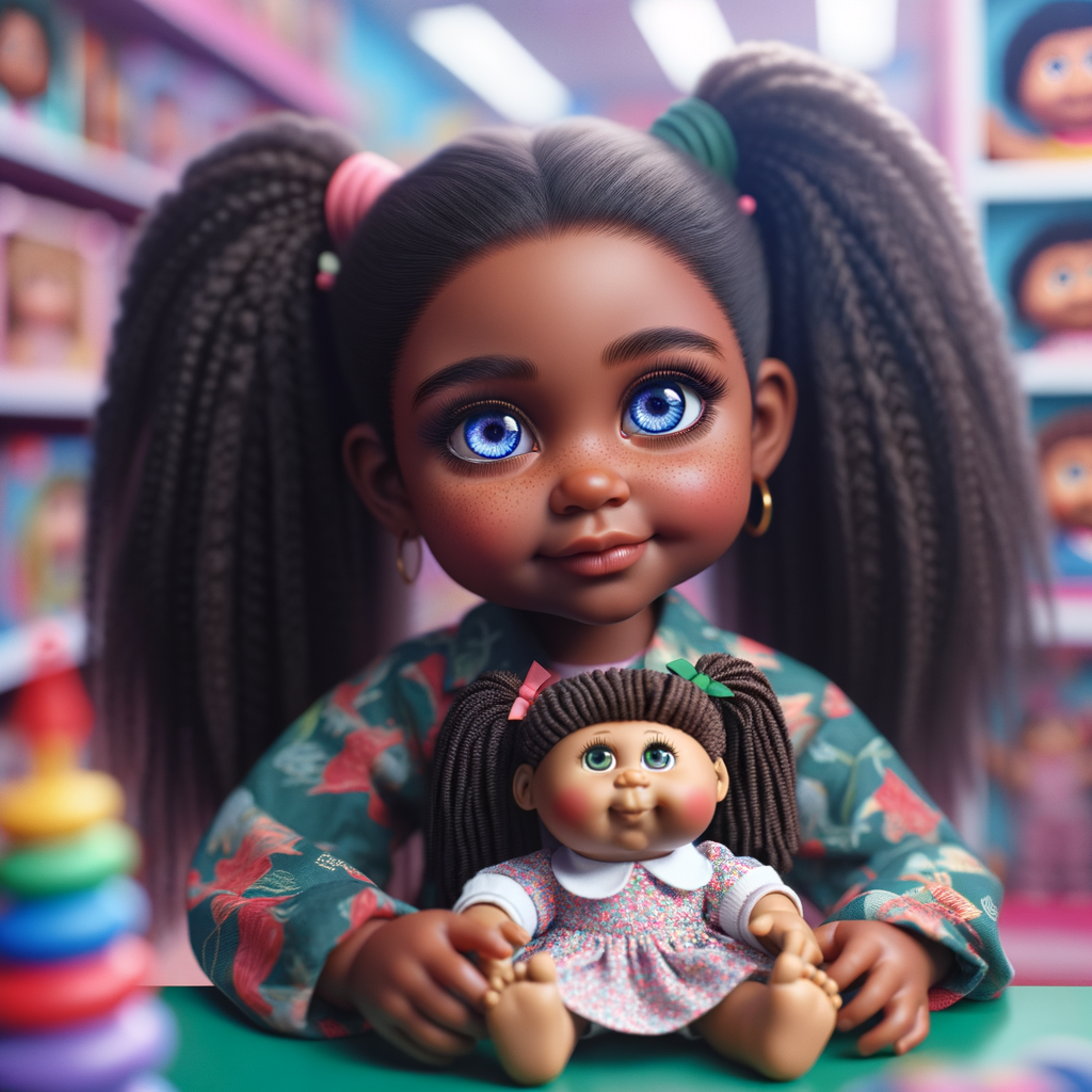 Create a 3-D realistic image of an African-American little girl above the age of five she has huge, blue eyes and thick long ponytails.
She is in a toy store and she is playing with her favorite african-American Cabbage Patch doll , the doll has deep, dimples and freckles