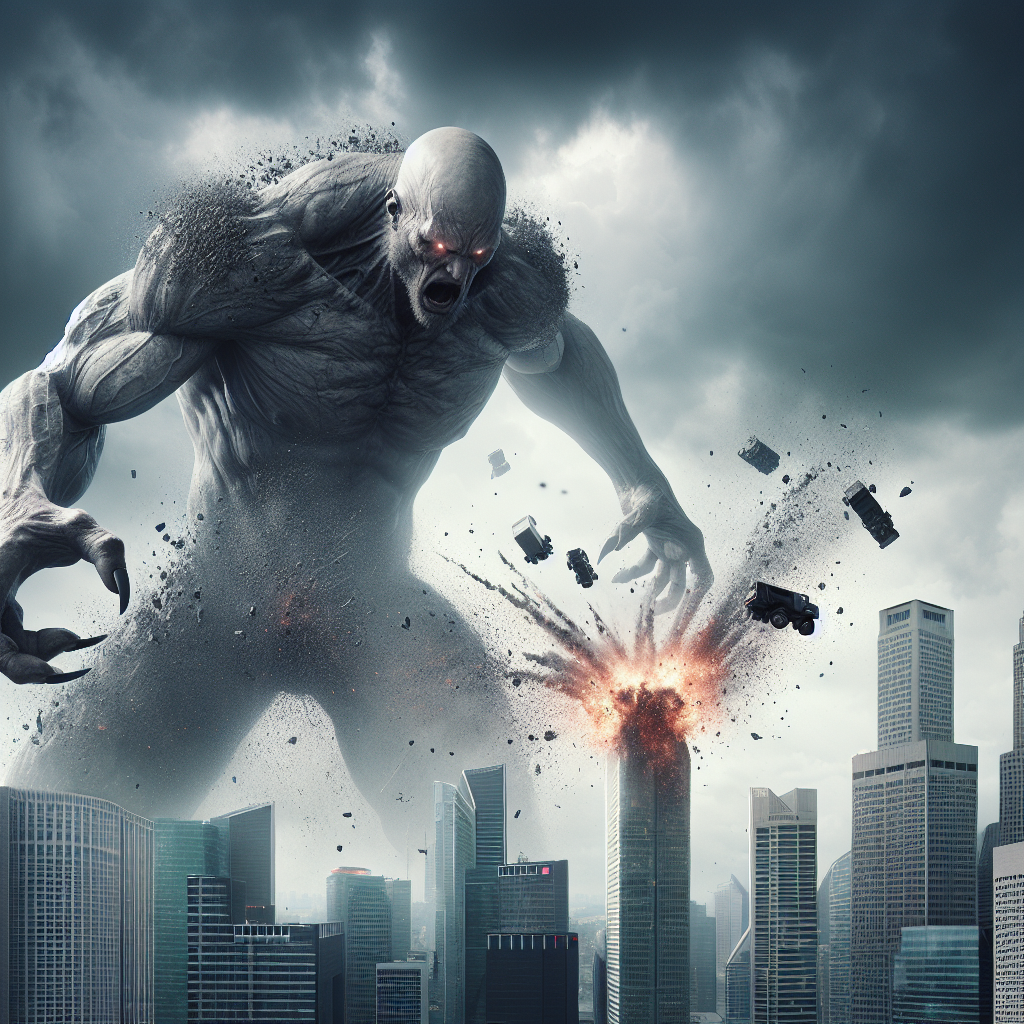 Create a hyper-realistic image of a menacing, bald giant, exuding an aura of malevolence as he hurls vehicles with ease at towering skyscrapers, causing explosions and a shower of debris to scatter across the wide expanse of the sky.