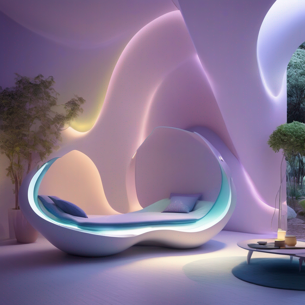 "Design a futuristic, organic home that is a living creature itself, capable of sensing and responding to its inhabitants' emotions. The home should feature adaptive, mood-based lighting that shifts in color and intensity to reflect the emotional state of those inside—calm blues for relaxation, vibrant yellows for happiness, deep purples for creativity, and soft pinks for comfort. Incorporate bioluminescent elements and fluid, natural shapes that mimic the home's living nature, creating a seamless blend of technology and biology. The lighting should be integrated into the walls, ceilings, and floors, with a gentle pulsation to mimic a heartbeat, enhancing the sense of a living, breathing space."