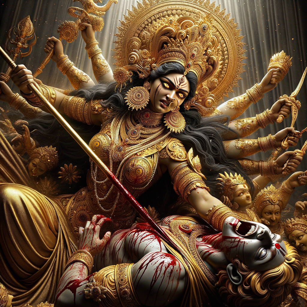 portrait of angry looking goddess durga pinning mahishasur to the ground. She is wearing gold armor, a huge gold crown, gold saree, abundant  gold jewelry, covered in blood. The scene is set in ancient India. The image is 8K resolution, photography, cinematic, ultra detailed face and epic