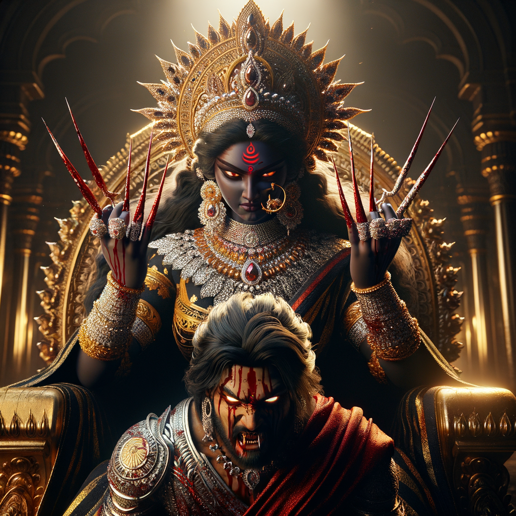 portrait of extremly angry looking goddess durga, black skinned, sitting on a gold crown and carrying a weak mahishasur on her lap and stabbing him with her amazing long red finger nails. She is wearing diamond armor, a huge diamond crown, black saree, abundant diamond jewelry, covered in blood. The scene is set in ancient India. The image is 8K resolution, cinematic, ultra detailed face and epic.