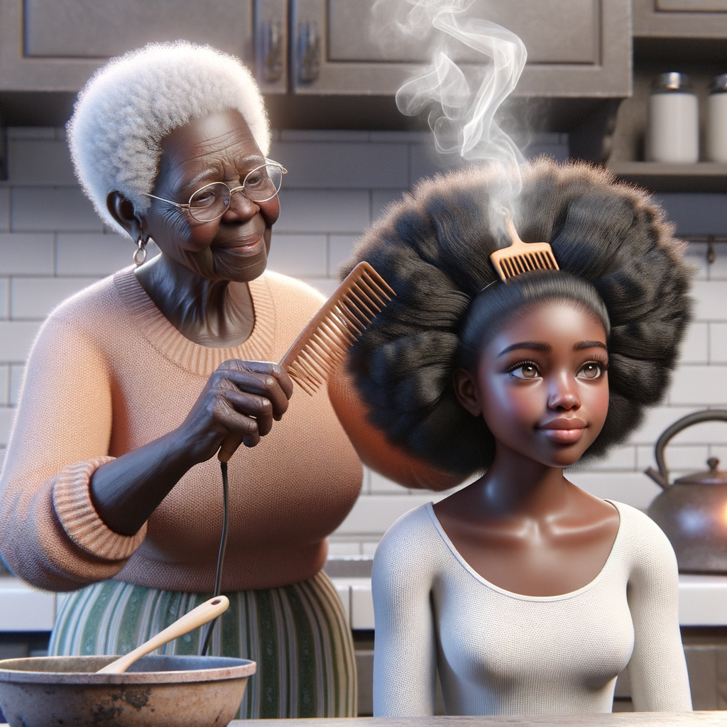 Create a realistic 3-D image of an african-American grandmother in the kitchen with her african-American granddaughter. The grandmother has a hot comb in her hair and she is straightening her granddaughters hair. One side of her granddaughters hair is in  a Afro the other is bone straight 
There is smoke coming from the hot comb