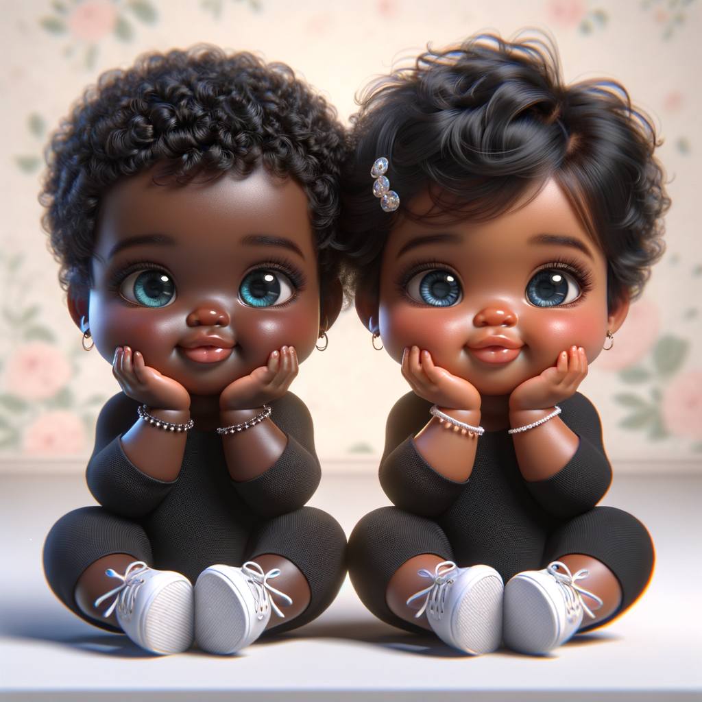 Imagine a pair of adorable, 3D animated african-American, infant twins with radiant blue eyes and curly black hair, posed with their chubby cheeks resting in their hands. They're dressed in simple yet stylish black onesies. Delicate jewelry adorns their wrists. They're seated comfortably with white sneakers on their feet. The background is a soft pastel floral pattern, creating an atmosphere of innocence and charm, without any text present in the image.