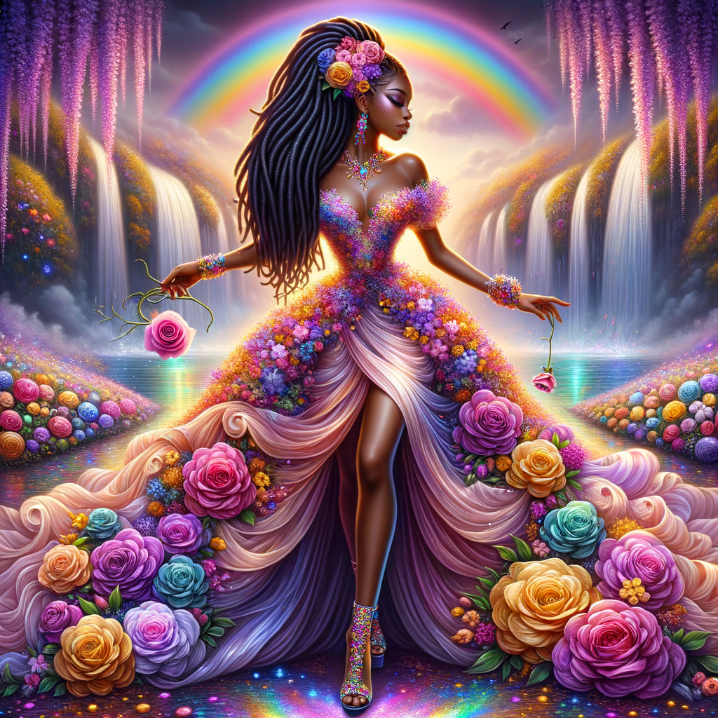 Remix Prompt
S/O Jackie Torres
S/O Panda Locke

create a animated style hyper realistic airbrush whimsical oil painting of a light African American woman wearing a flawless beautiful purple, pink, and gold blossom dress long flowing with colorful flowers and ruffles on the dress colorful jewelry made of flowers she has long black dreadlocks in a bun a colorful rose in her hair her peep toe shoes is matching her dress behind her is a beautiful waterfall liquid glowing lights beautiful colorful rainbow surrounded by beautiful roses.