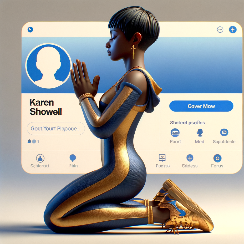 Create a 3D illustration of a realistic light skinned African-American woman on The remote her knees Praying , she has a black pixie cut haircut FACEBOOK social media with a FACEBOOK BACKGROUND . She is wearing a gold and blue jumpsuit and gold and blue Nike gym shoes. The background is a FACEBOOK social media profile with a user name “KAREN SHOWELL ” and profile FACEBOOK Cover