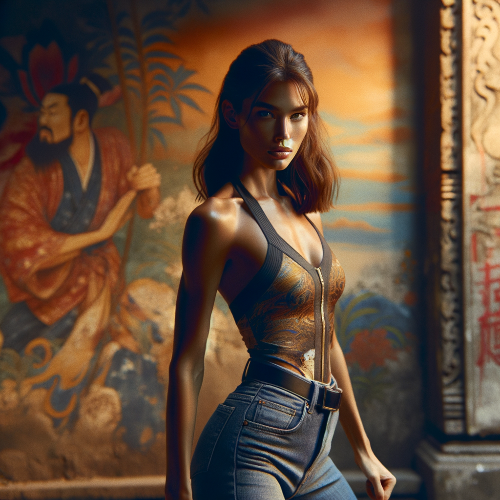 Athletic Thin skinny Attractive, Asian teenage girl, long brown hair and bangs, wearing tight skinny jeans and a halter top paint marks on her clothing, heroic pose Asian graffiti background, backside view