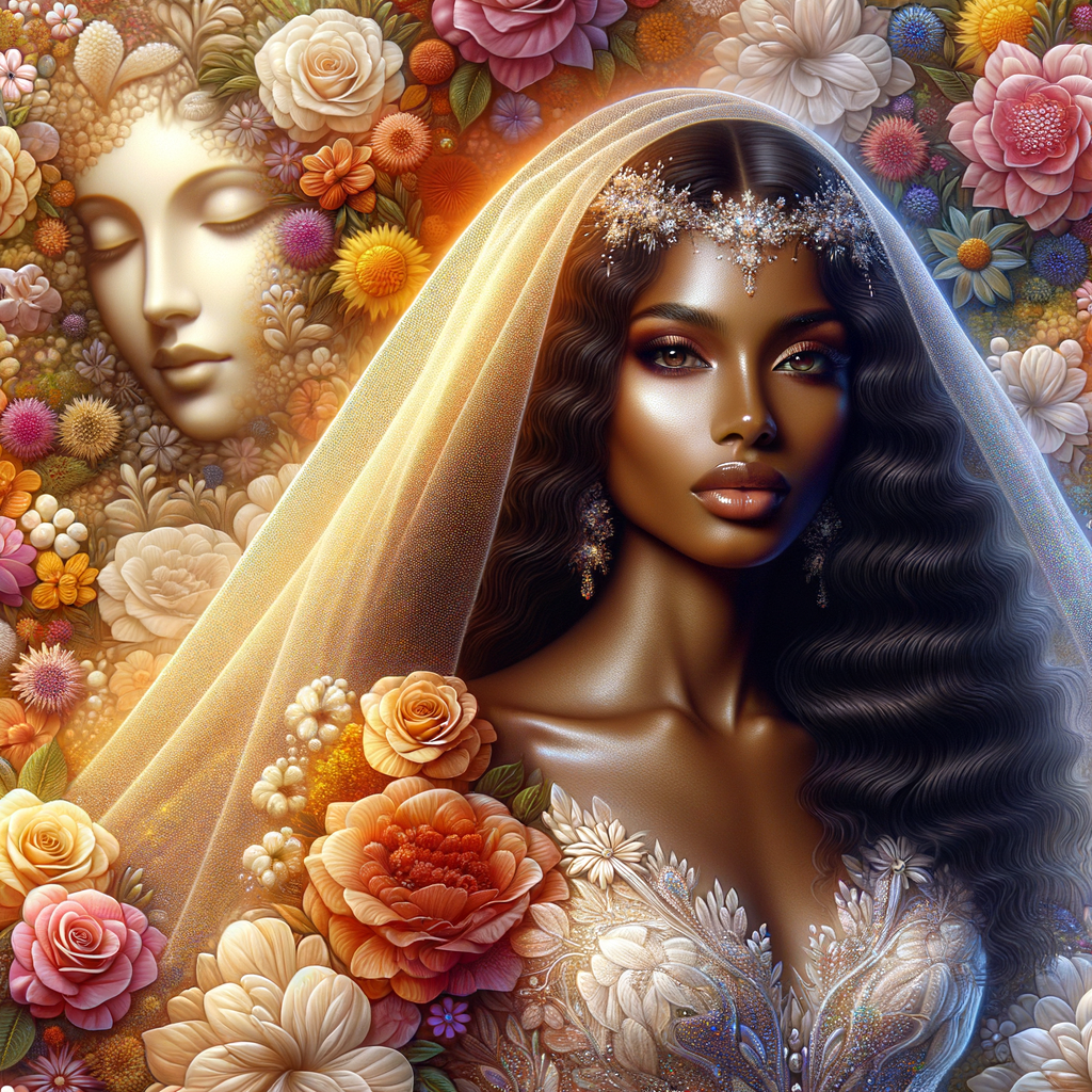 Visualize a stunning bride with a rich blend of african-American Latino heritage, her skin glowing with a soft, warm hue. Her elegant gown, a masterpiece of design, is intricately adorned with sparkling jewels that catch the light with every movement, creating a mesmerizing effect. Her long, wavy dark hair frames her face beautifully, enhancing her radiant beauty. Behind her, the backdrop is alive with an explosion of colorful flowers, each petal and leaf adding vibrancy to the scene. Amidst this floral abundance, the serene face of a brown Jesus is subtly integrated into the background, bestowing a sense of divine grace and tranquility to the composition. This image captures a moment of exquisite beauty, spiritual depth, and the celebration of love. Face of a African-American Jesus should be in the background.