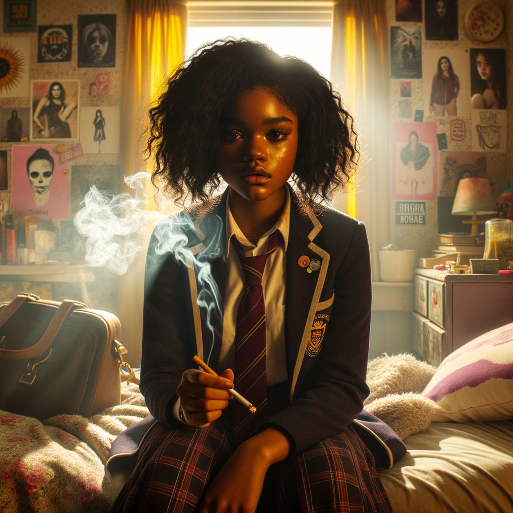 Schoolgirl smoking a cigarette in her room.