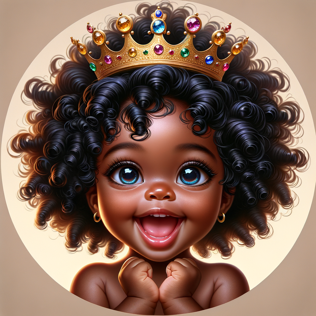 "Create a digital portrait of an adorable african-American baby girl with a joyful expression. She is wearing a gold crown with colorful jewels. Her big, bright blue eyes are wide with wonder, and her tiny mouth is shaped in a happy grin. Her skin has a warm, honey-brown tone, and she has an abundance of thick curly black hair, The background is soft and neutral to keep the focus on her delightful features. The portrait should be vibrant and heartwarming, celebrating the innocence and charm of childhood."