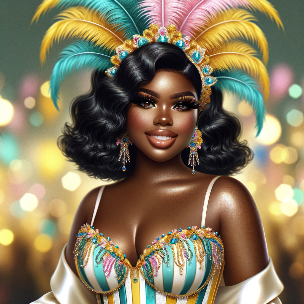 Create a 3-D  vivid full-body view of a colorful glossy hyper-realistic oil painting of a detailed illustration full length photo single image of a beautiful African-American caramel skinned woman plus sized, with long, black, wavy hair, her make up is airbrushed and flawless, she is dressed in a white, teal and yellow large, elaborate, elegant, very detailed carnival costume with colorful African-American pink, blue, gold yellow green feathers, flawless makeup, prominent lashes, black peep toe heels, white pixie hair, background bokeh, she is stunning and smiling, digital art.