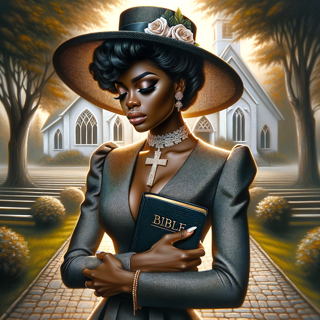 Render an airbrush oil painting of an African American woman with flawless makeup in a
contemplative pose, holding a Bible close to her heart, dressed in an elegant Sunday Best
outfit with a distinctive Church Hat. The background features a peaceful church garden,
with light filtering through the trees, highlighting her spiritual connection and the personal
moment of reflection. The artwork should capture the tranquility of the scene, the beauty
of her attire, and the depth of her contemplation, reflecting a serene and spiritually