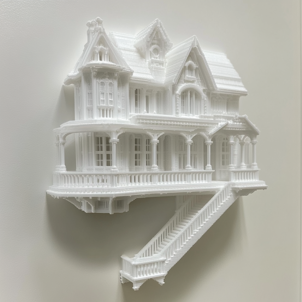 3D printed scale model of a house being displayed as art on a wall