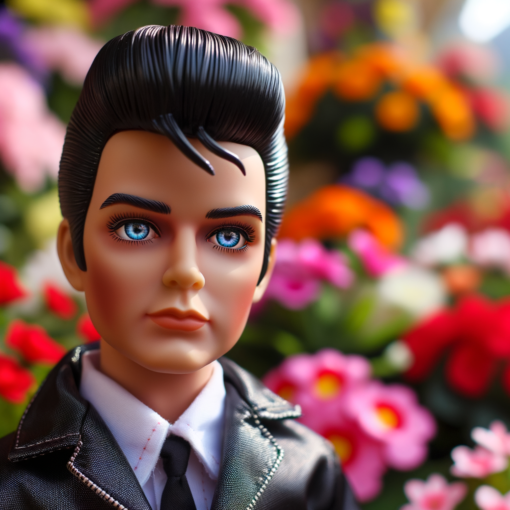 Elvis Presley doll with huge blue eyes flowers in the background