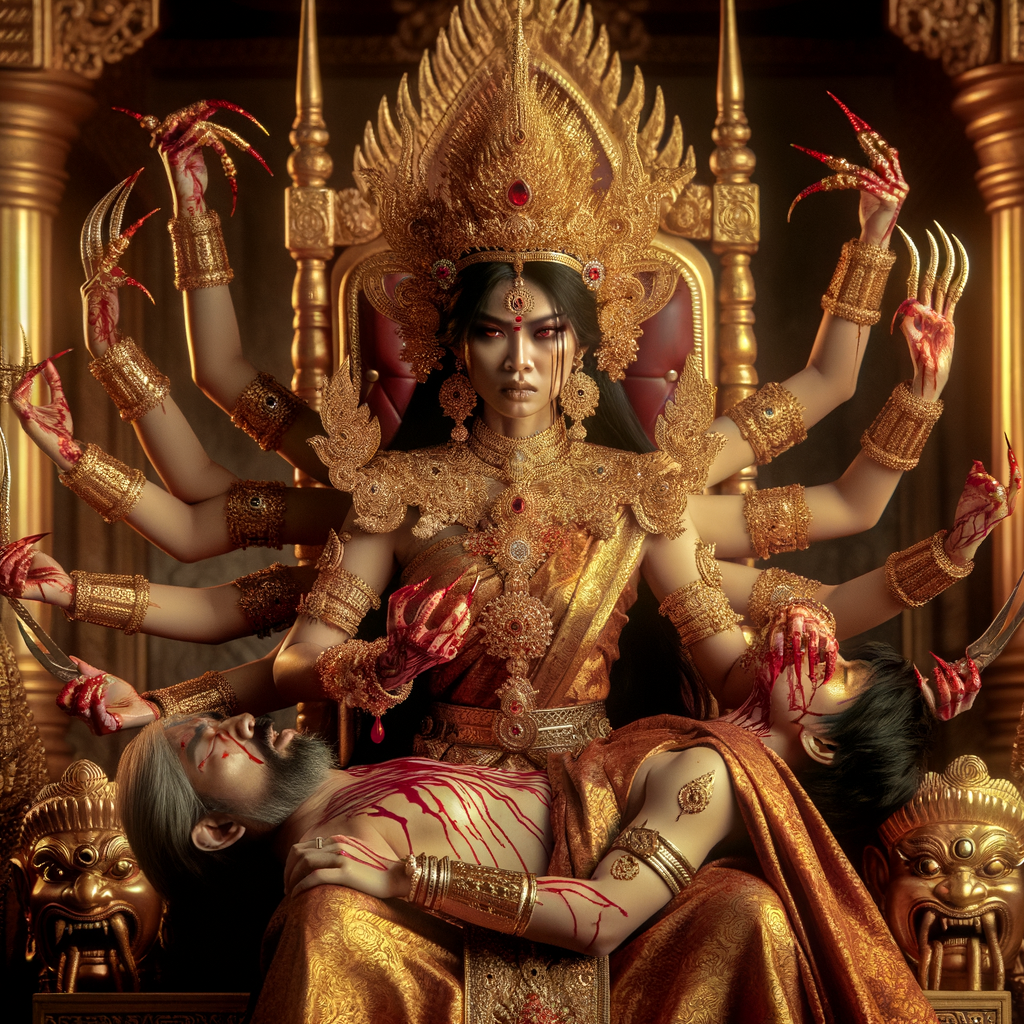 portrait of angry looking, four-armed indian goddess  sitting on a gold crown and carrying a weak mahishasur on her lap and poking his abdomen with her two hands with amazingly long red fingernails . She is wearing gold armor, a huge gold crown, gold saree, abundant  gold jewelry, covered in blood. The scene is set in ancient India. The image is 8K resolution, cinematic, photography, ultra detailed face and epic.