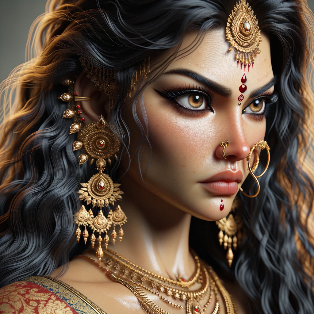 Side view portrait of gorgeous and angry goddess durga. intricately detailed depiction of a goddess. gold jewelry all over body. sharp nose, light skin, beautiful brown eyes, wavy black hair, ultra detailed face. Wearing red saree, a lot of ear piercings, uhd, hdr, 64k, epic scene. Photography, ultra detailed face, epic, 8K