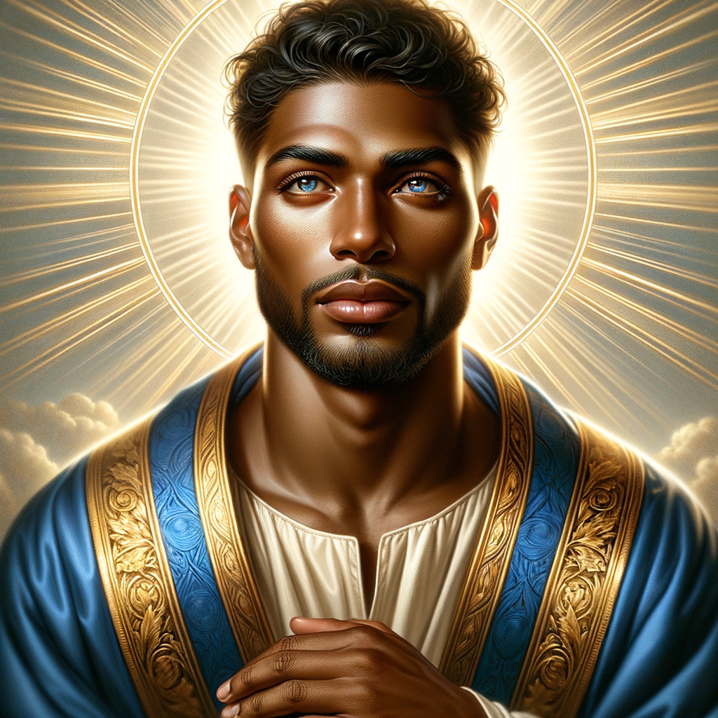 Create handsome African-American, Jesus, with Hazel Brown eyes wearing a blue and gold robe