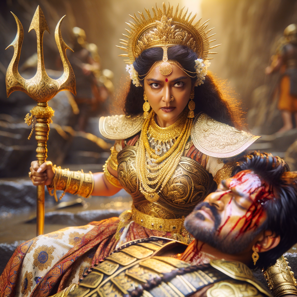 portrait of angry looking, indian goddess cosplayer straddling a defeated mahishasur, while he is lying on the ground and she stabs him with her trident. She is wearing gold armor, a huge gold crown, gold saree, abundant  gold jewelry, covered in blood. The scene is set in ancient India. The image is 8K resolution, cinematic, photography, ultra detailed face and epic.