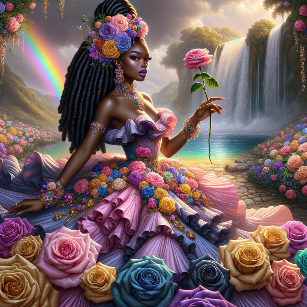 Remix Prompt
S/O Jackie Torres
S/O Panda Locke

create a animated style hyper realistic airbrush whimsical oil painting of a light African American woman wearing a flawless beautiful purple, pink, and gold blossom dress long flowing with colorful flowers and ruffles on the dress colorful jewelry made of flowers she has long black dreadlocks in a bun a colorful rose in her hair her peep toe shoes is matching her dress behind her is a beautiful waterfall liquid glowing lights beautiful colorful rainbow surrounded by beautiful roses.