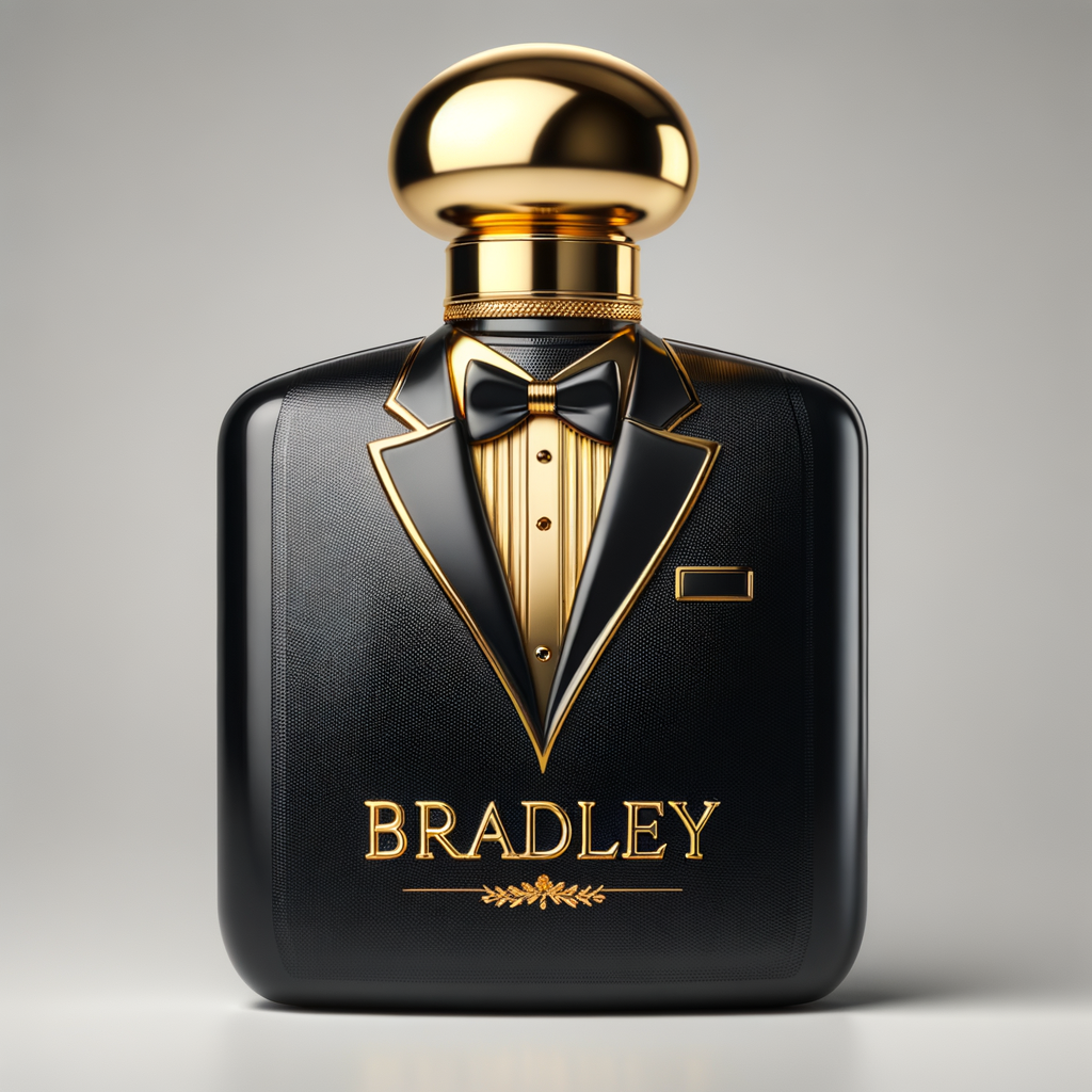 Create a realistic, 3-D cologne bottle That looks like a black Gucci tuxedo with a gold top and the name Bradley written in gold letters