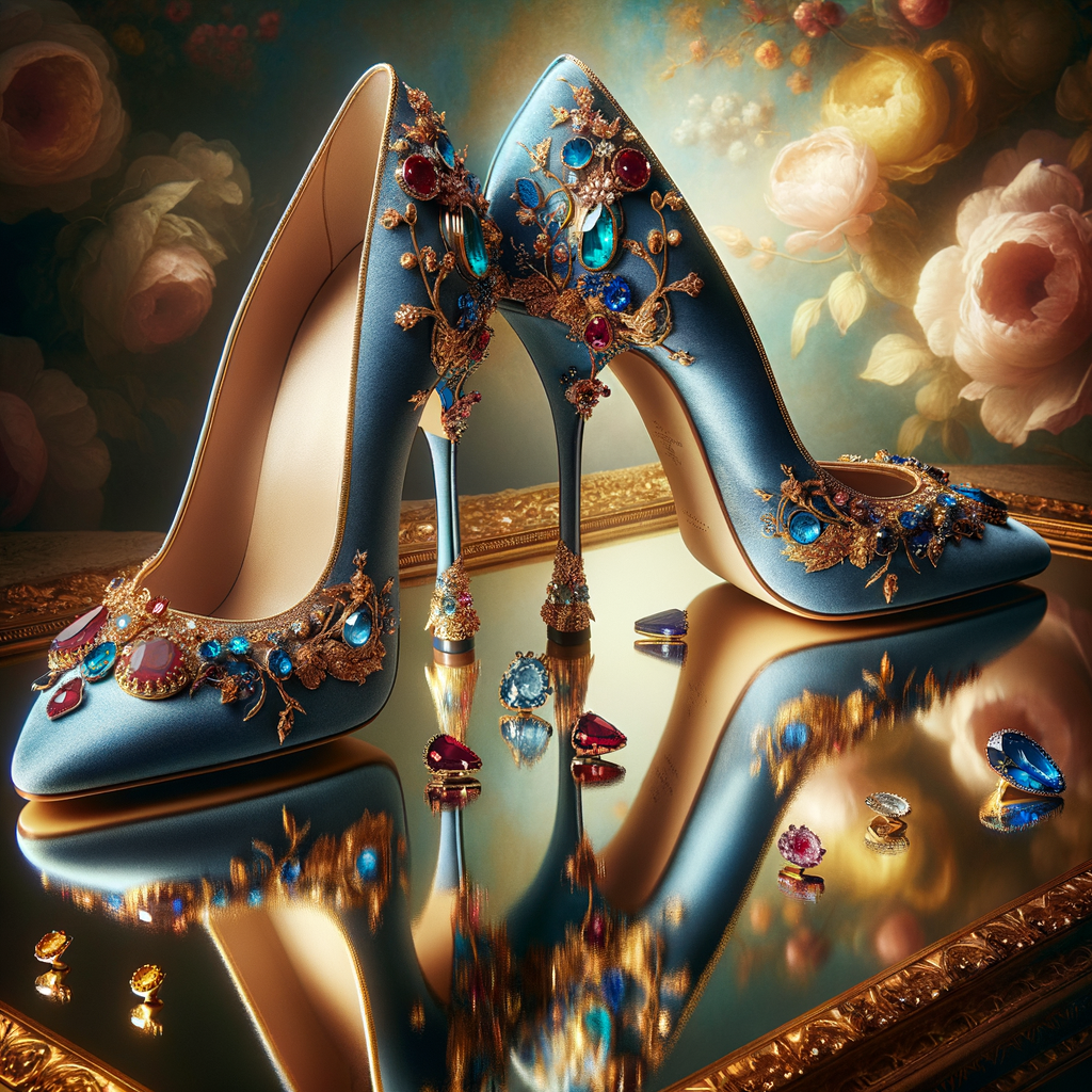 Imagine a pair of enchanting shoes, each a mirror image of the other, placed gracefully upon a regal surface. They are bathed in the soft, diffuse light that casts gentle reflections upon their silk fabric. These shoes are no ordinary footwear; they are a masterpiece of vibrant royal blue, adorned with ornate golden filigree and a multitude of glittering jewels in various hues—rubies, sapphires, emeralds, and delicate pink diamonds. Each shoe boasts an elegant, curved heel in a matching vivid blue, with tiny red and blue gems accenting the base. The shoes are positioned against a backdrop of soft-focus flowers, their pastel colors complementing the rich tones of the shoes, with hints of gold framing providing a touch of opulence. This image captures the essence of a fairy tale brought to life, a visual symphony of color and splendor.