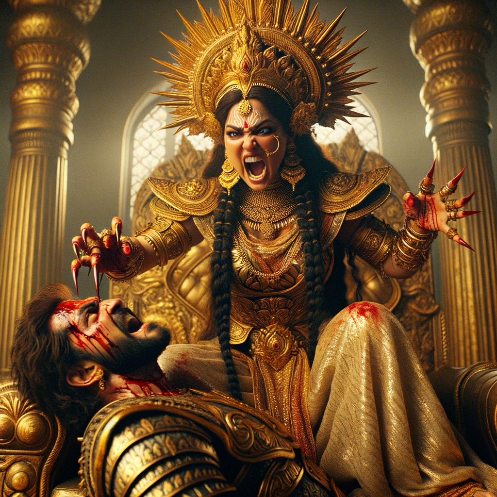 portrait of extremely angry looking goddess durga cosplayer sitting on a gold crown and carrying a weak mahishasur on her lap and poking him with her amazingly long red fingernails. She is wearing gold armor, a huge gold crown, gold saree, abundant  gold jewelry, covered in blood. The scene is set in ancient India. The image is 8K resolution, cinematic, photography, ultra detailed face and epic.