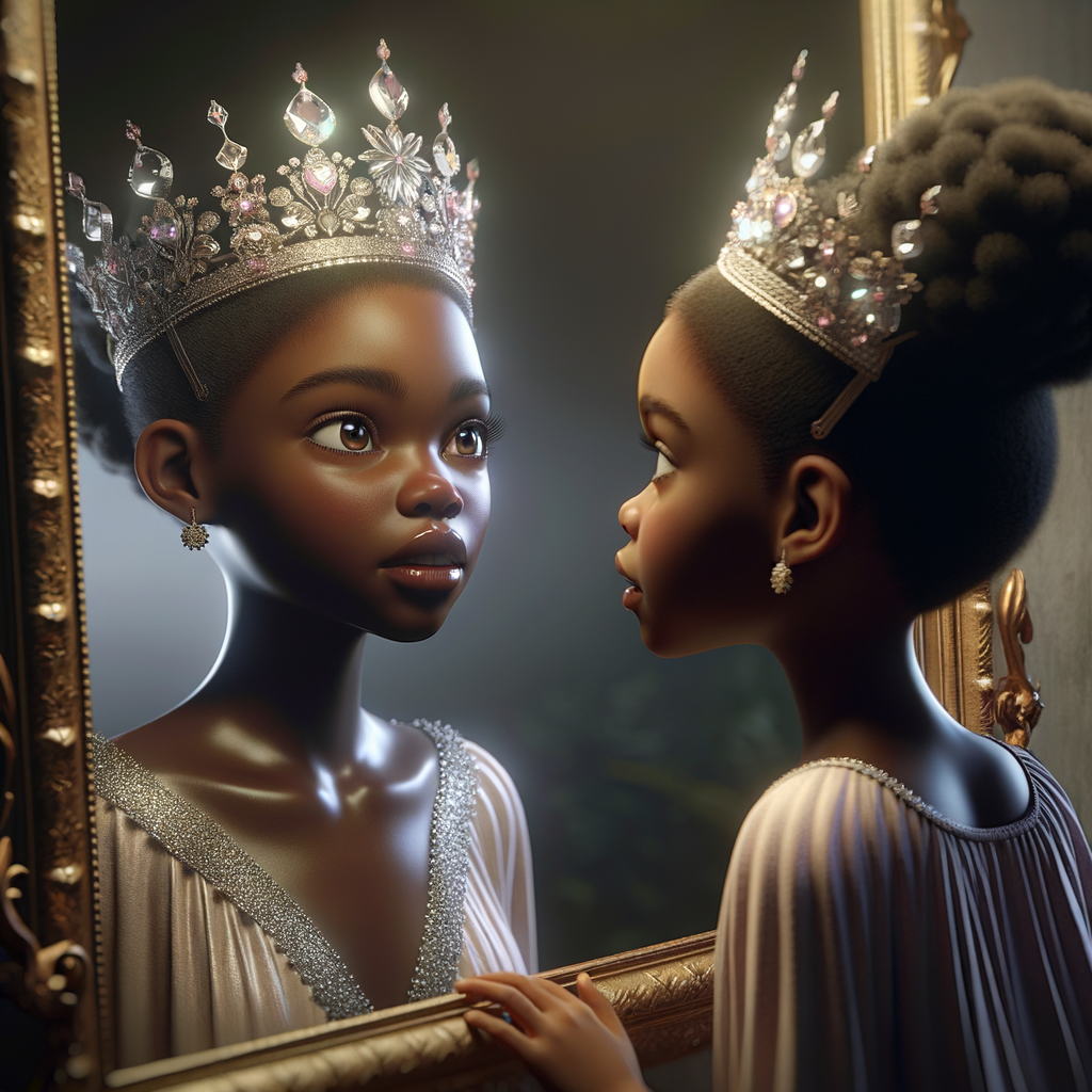 In a 3-D realistic world, a beautiful African-American child stands before a mirror. Her eyes widen as she gazes at her reflection, for the mirror reveals not just her own image but a majestic adult queen. The queen’s skin glows with regal elegance, her features exuding grace and wisdom. She wears a crown adorned with shimmering jewels, each gem reflecting the light like a thousand stars.
The child’s wonder deepens as she realizes that the queen in the mirror is none other than her future self—a powerful ruler who wears her heritage with pride. The mirror whispers secrets of destiny, urging her to embrace her potential and become the queen she sees.
And there, in this magical moment, the child and the queen share a silent pact: to honor their roots, uplift their people, and wear their crowns with unyielding strength.