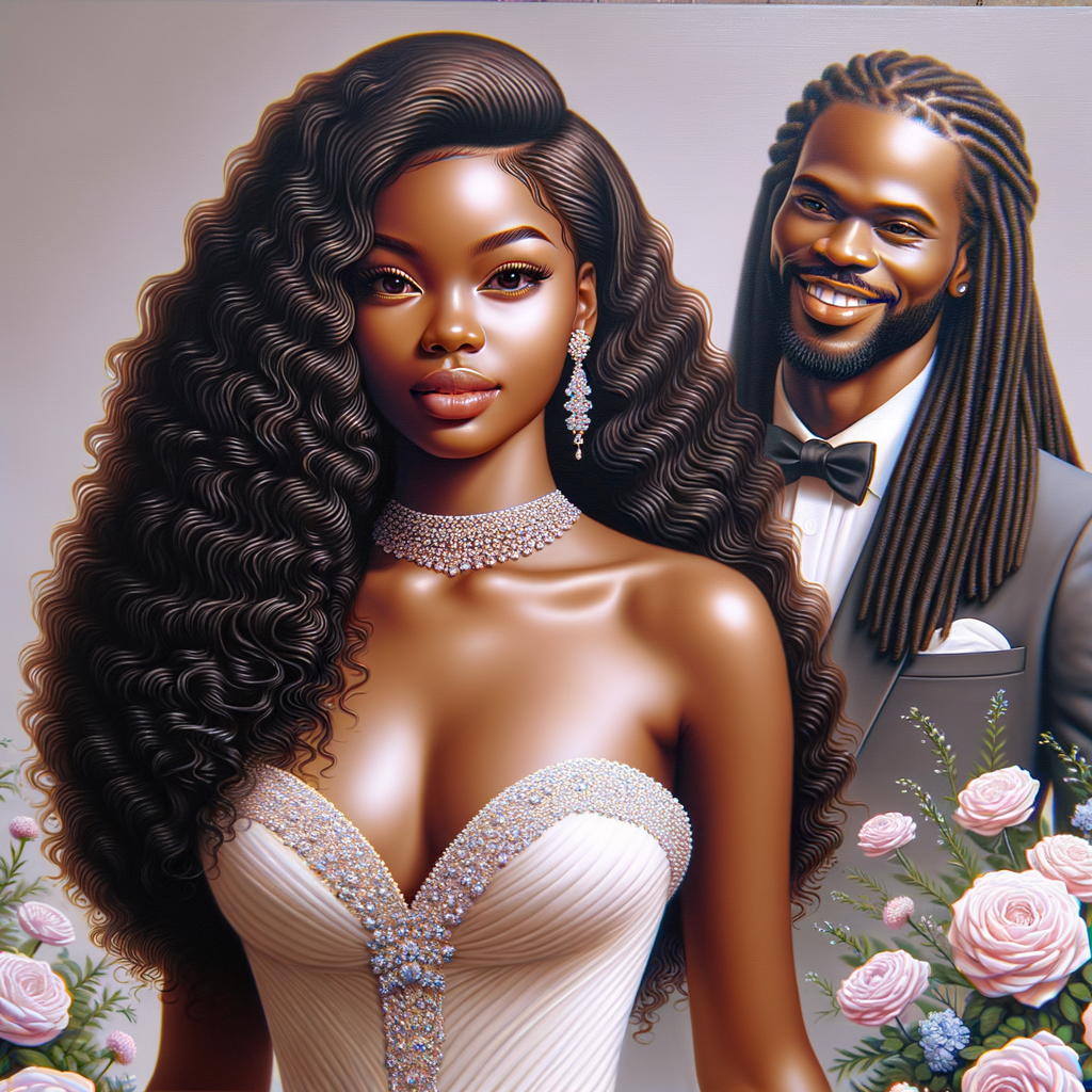 Create a 3-D realistic oil, painting of a beautiful African-American bride. She has long flooring, wavy hair and her gown has beautiful jewels around the neckline. in the background there is a beautiful African-American Jesus Christ with long dreadlocks, and he is smiling. He is very handsome pastel flowers throughout the image.