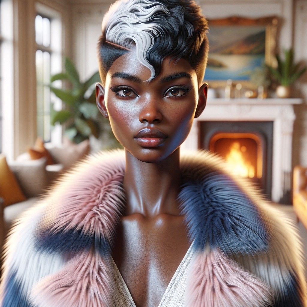 a full body veiw of a colorful gloss hyper realistic oil painting of a regal beautiful light skinned afro  American girlwith beautiful pixie cut one side of hair is black and the other side  of her hair white slick baby hair and furry white and pink and blue furry coat and outfit under the coat standing in living room with fireplace