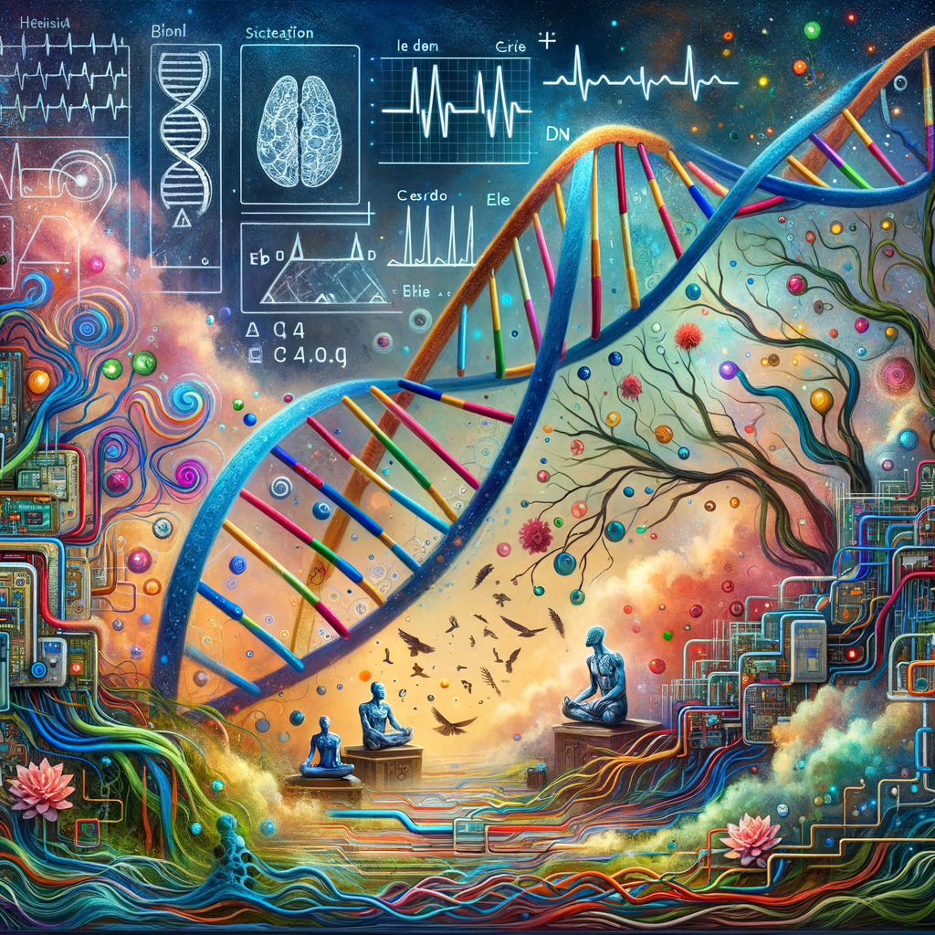 circuitry, diagrams Cellular structures, DNA, circuit boards, colorful wires,  asian and Egyptian  graffiti, lie detector graphs, cardio, printout , branches infinity sign, cave, Art, handprints, distant birds flying, flowering vines, abstract gestural painting, dna