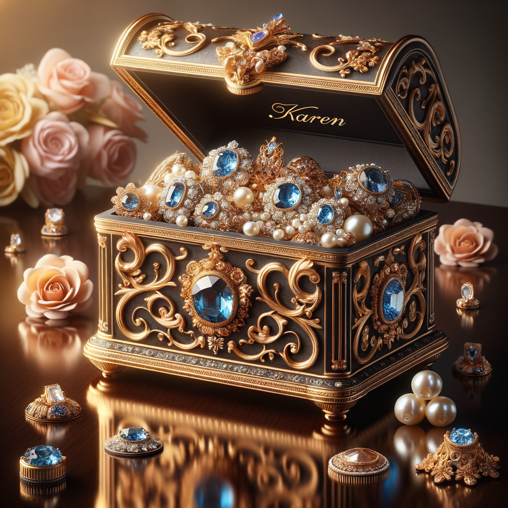 Create an image of an ornate jewelry box richly detailed with golden swirls and floral motifs, with no items on the top. Inside the box lies a collection of exquisite jewelry, each piece featuring vibrant blue gemstones set amongst pearls and golden accents. This treasure is placed on a dark wooden surface, subtly reflecting the luster of the gems. Around the box, there are loose gemstones, a golden flower, and soft pink roses in the blurred background, contributing to the elegant ambiance. The name 'Karen' is elegantly inscribed above the jewelry box, adding a personalized touch to the scene.