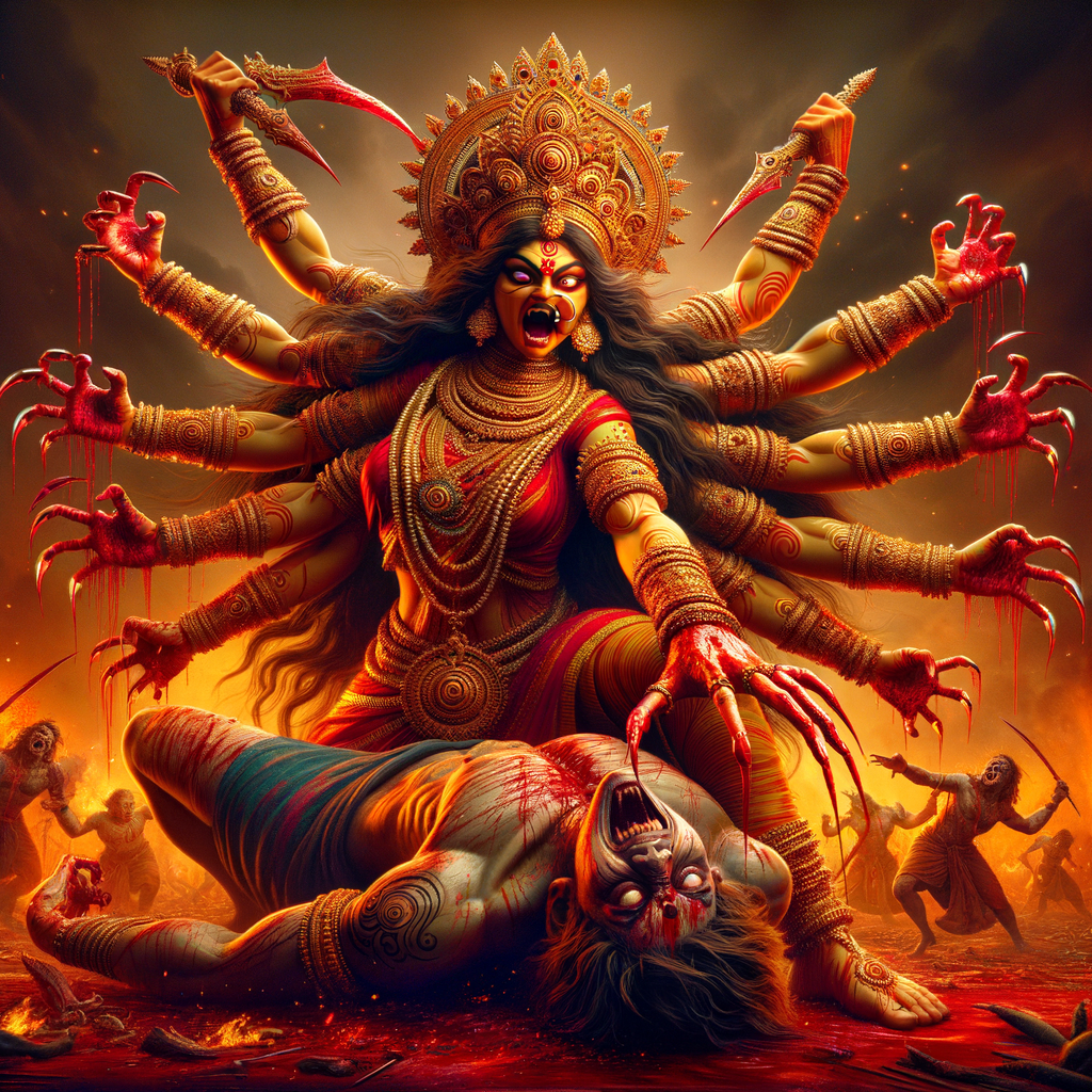 Portrait of angry four-armed goddess durga slaying mahishasur by carrying him in her arms and stabbing him with her red long nails. she should wear Gold jewelry all over the body. Mahishasur should have wounds all over his body. mahishasur should be smaller in size compared to Goddess durga. Background is an intense battlefield. reddish hue everywhere and sunset in the background.  Epic scene. 4k, HDR.