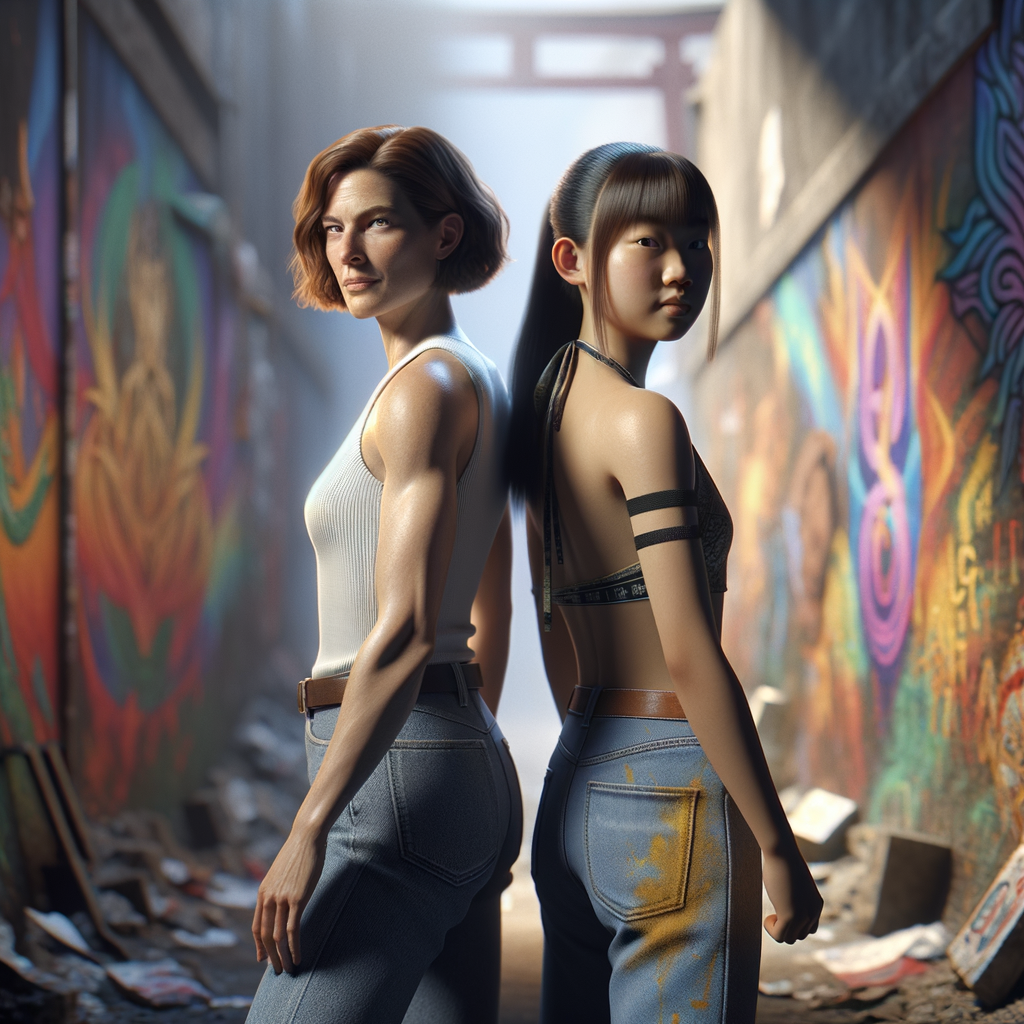 Athletic Thin skinny Attractive, Asian teenage girl, long brown hair and bangs, wearing tight skinny jeans and a halter top paint marks on her clothing, heroic pose Asian graffiti background, backside view