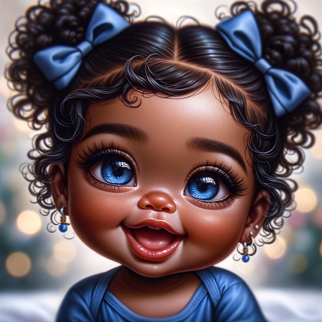 ultra realistic Chibi Style oil painting of Med olive skin  cute African-American American baby girl with deep deep dimples on both checks smiling huge, blue eyes, wearing a blue onesie two curly black pigtails with blue
 ribbons. crystal blue eyes. up-close view bokeh background

S/O Genae Kulah