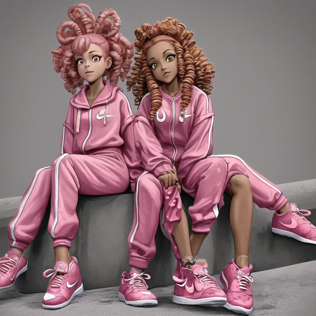 Two caricature character sisters ink wash art sitting on a skateboard city landscape . African American brown skin tone, they’re wearing pink nike track suits, Nike dunks pink, curly red hair with coils, colorful candy bows, vivid colors 4K hdr