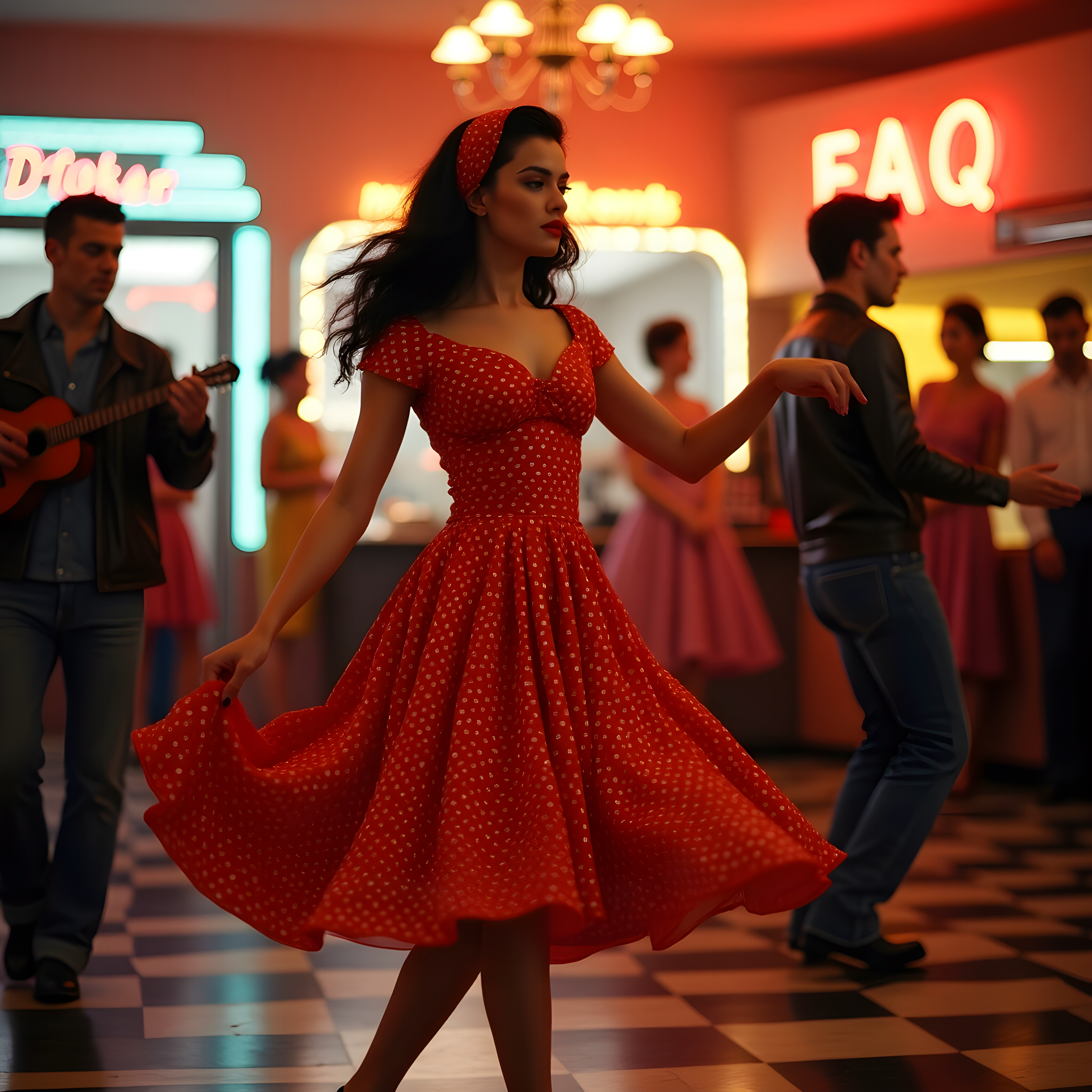 “A vibrant mid-century dance hall scene captured with a Canon EOS R5 and a 50mm f/1.2 lens. the image is focused on Dahlia Valentina fit tall supple well endowed tanned Italian American model (DahliaValentina_ai) stands in the center of a 1950s rockabilly dance, spinning in a bright red polka-dot dress with a fitted bodice and a flared skirt that lifts as she twirls. Her long wavy black hair is tied up with a matching headscarf, and she wears classic cat-eye eyeliner with a bold red lip. She dances with a charming partner dressed in a leather jacket and cuffed jeans, both caught mid-motion in a lively jitterbug step. The neon signs glow behind them, casting warm reflections on the checkered dance floor. The energy of the crowd, jukebox music, and the flickering of retro diner lights add to the nostalgic atmosphere. The composition follows dynamic angles, emphasizing movement and vintage allure.”