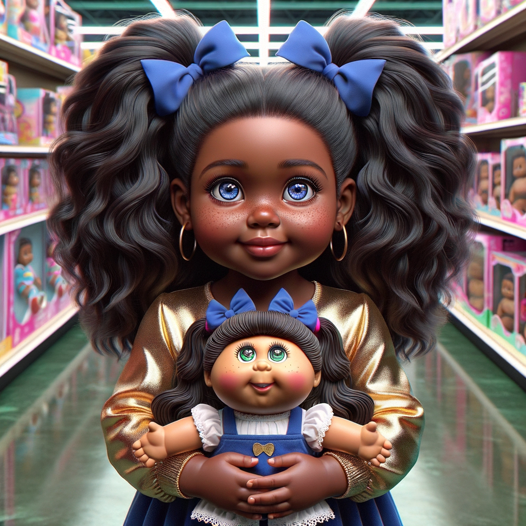 Create a 3-D image of an african-American little girl inside of a medium size, toy store. The little girl has thick long, ponytails and huge blue eyes. She has on a gold and blue jumpsuit with matching bows, She is playing with her favorite african-American cabbage patch doll, the doll has deep, dimples, and freckles and looks just like her