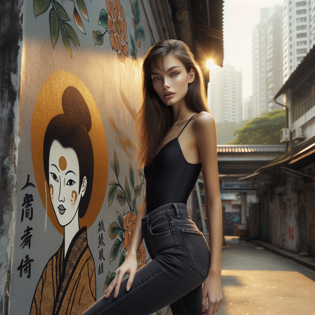 Athletic Thin skinny Attractive, Asian teenage girl, long brown hair and bangs, wearing tight skinny jeans and a halter top paint marks on her clothing, heroic pose Asian graffiti background, backside view