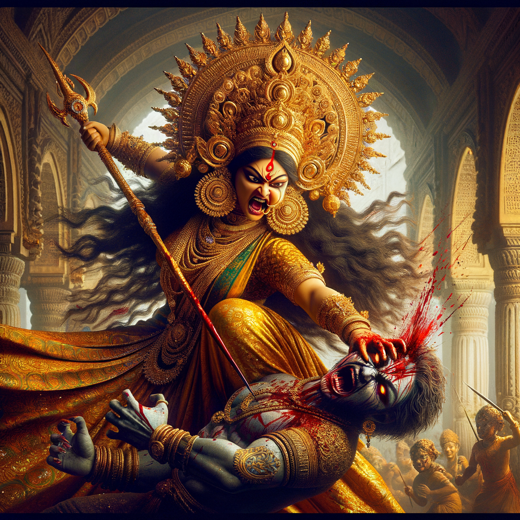 portrait of angry looking goddess durga pinning a weak mahishasur to the ground with her foot and stabbing him with her amazingly long fingernails. She is wearing gold armor, a huge gold crown, gold saree, abundant  gold jewelry, covered in blood. The scene is set in ancient India. The image is 8K resolution, photography, cinematic, ultra detailed face and epic