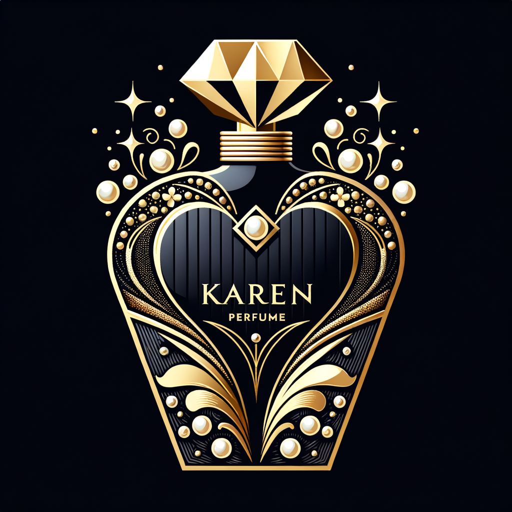 Design a fancy, black and gold bottle of perfume in the shape of a woman’s body. With a golden diamond top, flowers pearls and Diamonds in the name, Karen