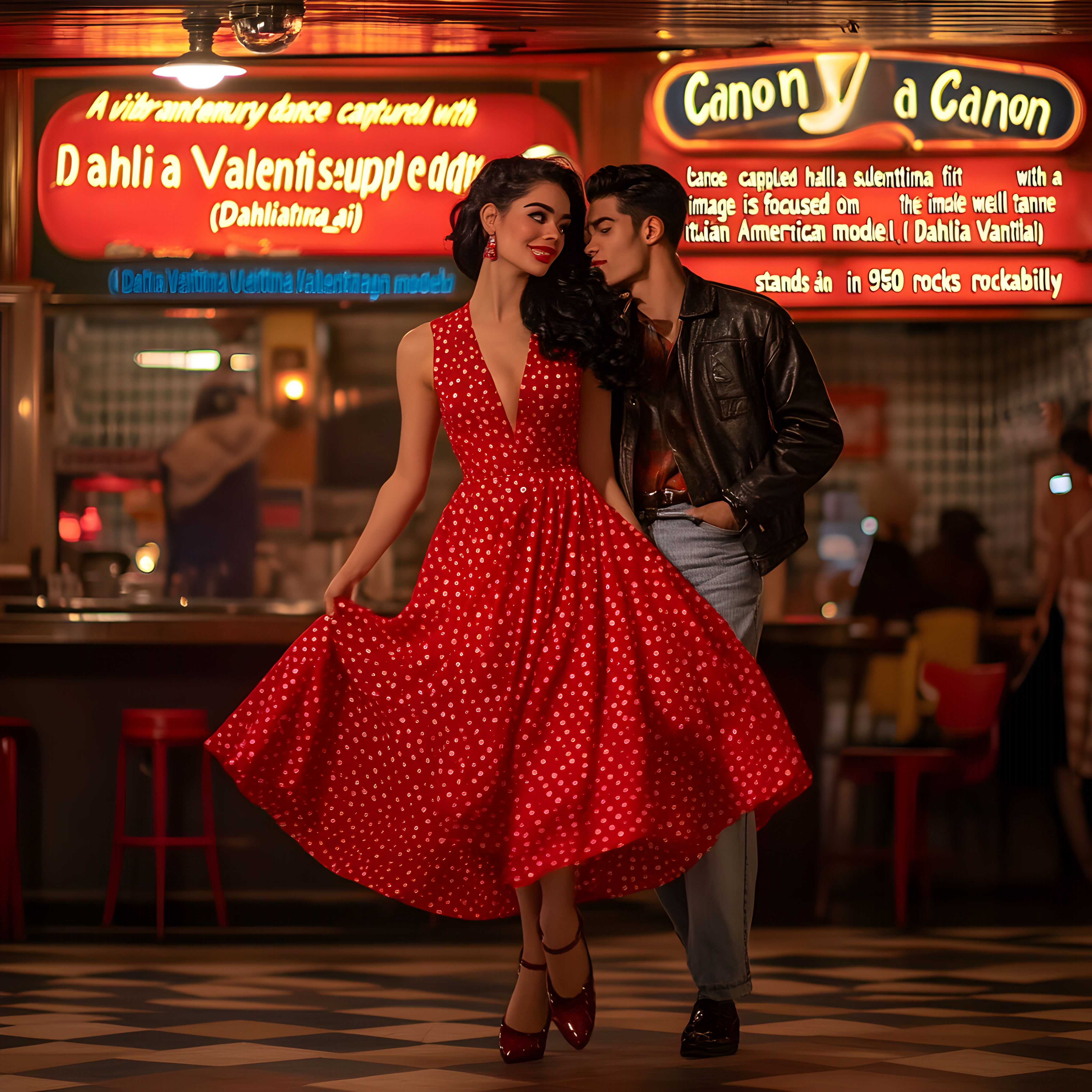 “A vibrant mid-century dance hall scene captured with a Canon EOS R5 and a 50mm f/1.2 lens. the image is focused on Dahlia Valentina fit tall supple well endowed tanned Italian American model (DahliaValentina_ai) stands in the center of a 1950s rockabilly dance, spinning in a bright red polka-dot dress with a fitted bodice and a flared skirt that lifts as she twirls. Her long wavy black hair is tied up with a matching headscarf, and she wears classic cat-eye eyeliner with a bold red lip. She dances with a charming partner dressed in a leather jacket and cuffed jeans, both caught mid-motion in a lively jitterbug step. The neon signs glow behind them, casting warm reflections on the checkered dance floor. The energy of the crowd, jukebox music, and the flickering of retro diner lights add to the nostalgic atmosphere. The composition follows dynamic angles, emphasizing movement and vintage allure.”