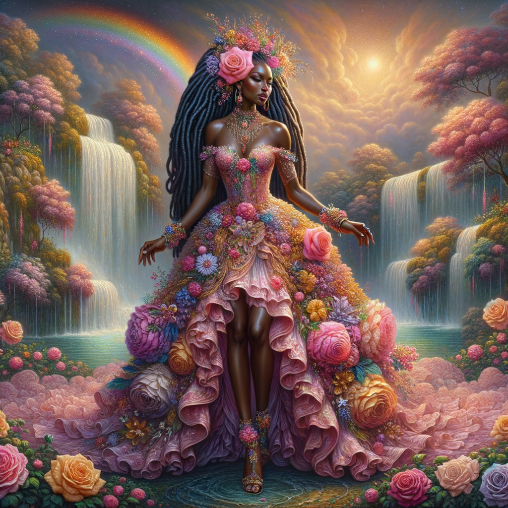 Remix Prompt
S/O Jackie Torres
S/O Panda Locke

create a animated style hyper realistic airbrush whimsical oil painting of a light African American woman wearing a flawless beautiful purple, pink, and gold blossom dress long flowing with colorful flowers and ruffles on the dress colorful jewelry made of flowers she has long black dreadlocks in a bun a colorful rose in her hair her peep toe shoes is matching her dress behind her is a beautiful waterfall liquid glowing lights beautiful colorful rainbow surrounded by beautiful roses.