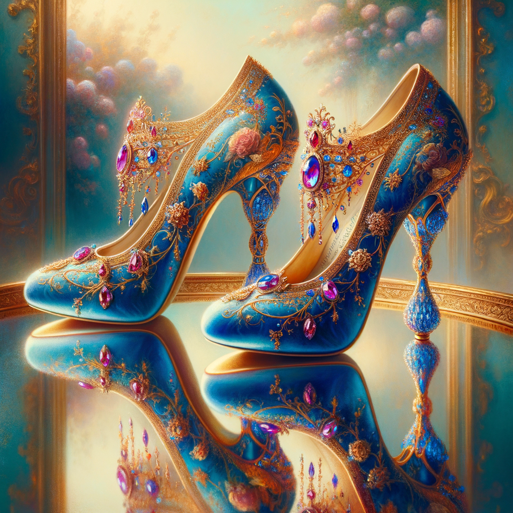 Imagine a pair of enchanting shoes, each a mirror image of the other, placed gracefully upon a regal surface. They are bathed in the soft, diffuse light that casts gentle reflections upon their silk fabric. These shoes are no ordinary footwear; they are a masterpiece of vibrant royal blue, adorned with ornate golden filigree and a multitude of glittering jewels in various hues—rubies, sapphires, emeralds, and delicate pink diamonds. Each shoe boasts an elegant, curved heel in a matching vivid blue, with tiny red and blue gems accenting the base. The shoes are positioned against a backdrop of soft-focus flowers, their pastel colors complementing the rich tones of the shoes, with hints of gold framing providing a touch of opulence. This image captures the essence of a fairy tale brought to life, a visual symphony of color and splendor.