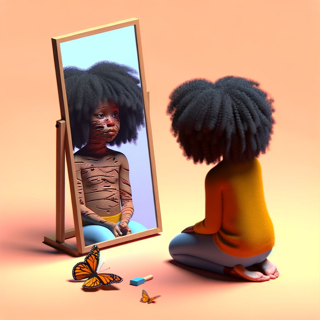 Create a 3-D realistic beautiful African-American  women with thick curly black hair
Looking at herself in the mirror, but the reflection she sees is a child, and she is no longer beautiful. She is ugly with scars. There is a fallen butterfly.